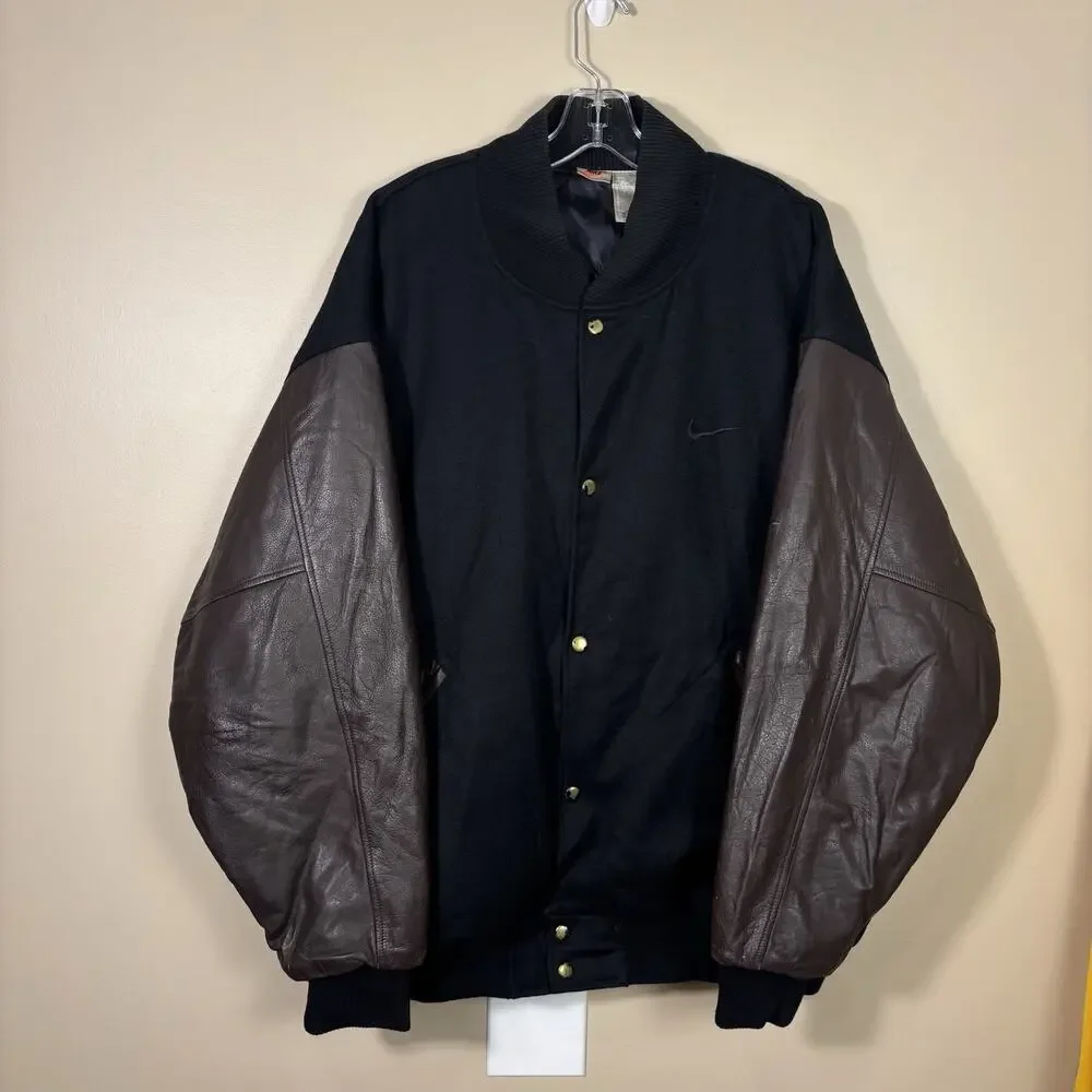 Vintage Nike Leather Varsity Jacket Mens XL 90s Wool Bomber Lined Center Swoosh